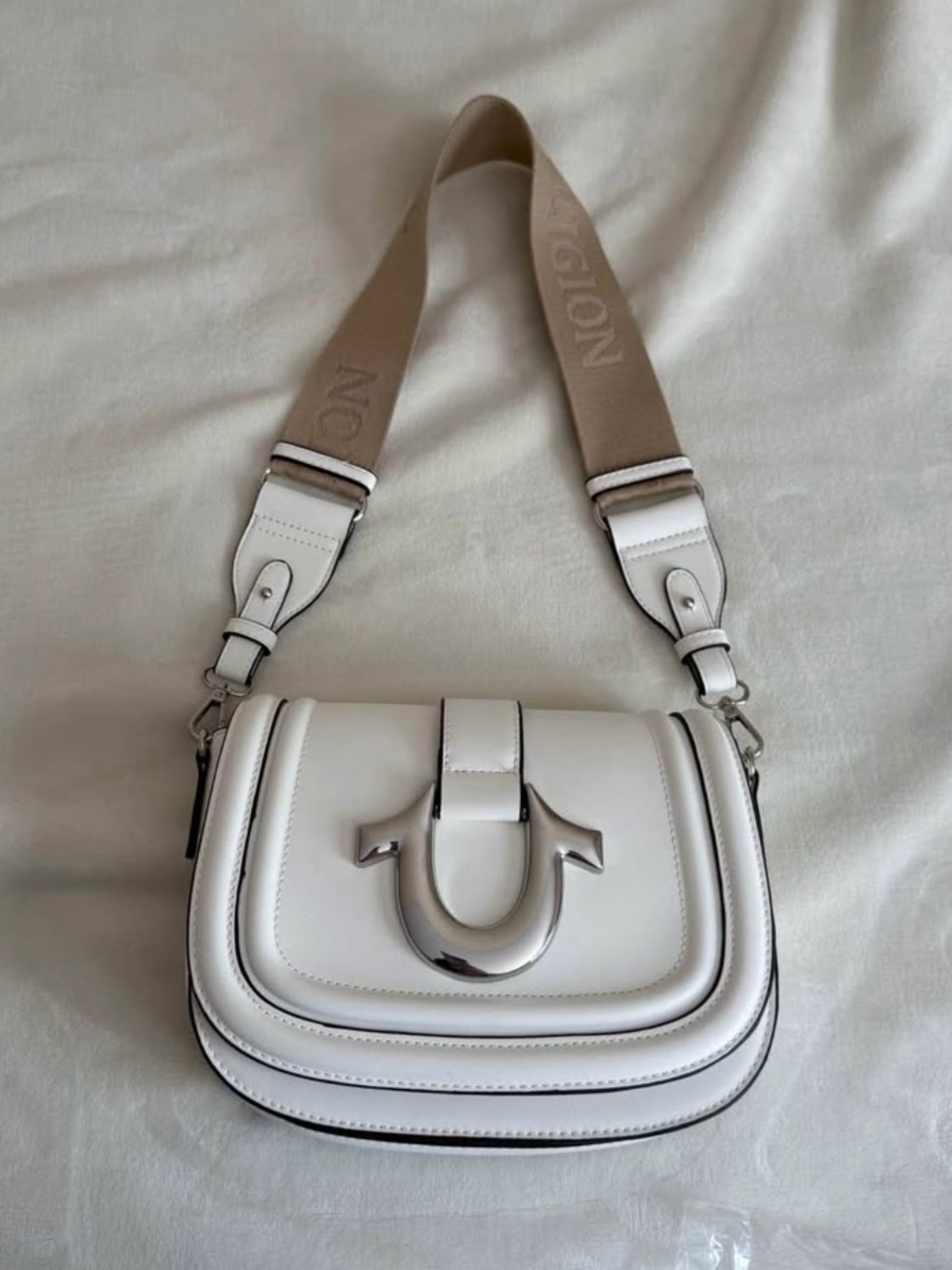 True Religion White Leather Crossbody with Tan Logo Strap